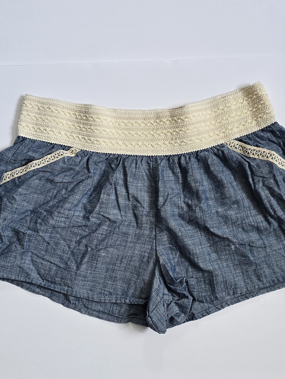 Just Be Lightweight Chambray Shorts with Crochet Waistband Boho Large